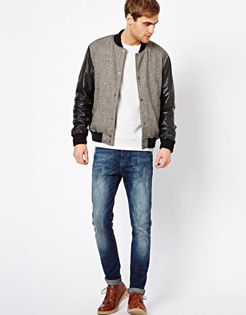 Bomber jacket with leather sleeves