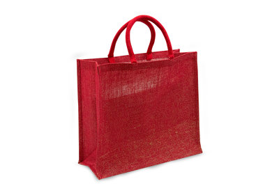 Jute Eco Draagtassen Rood met Glitters!! € 3,28 per stuk verpakt á 50 stuks