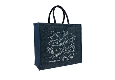 Jute Naturel Eco Kerst draagtas christmas Doodle  blauw