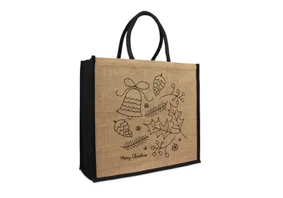 Jute Naturel Eco Kerst draagtas christmas Doodle zwart