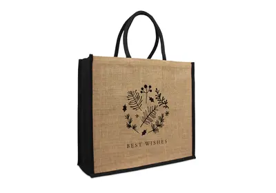 Jute Naturel Eco Kerst draagtas Best Wishes zwart