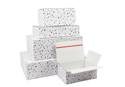 Luxe geschenkdoos Wit met retourstrip en Confetti design vanaf € 0,98 per stuk