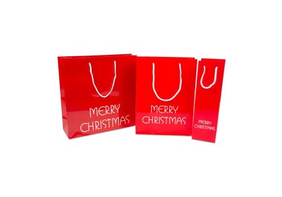 Papieren Kerst draagtas met koord merry christmas rood