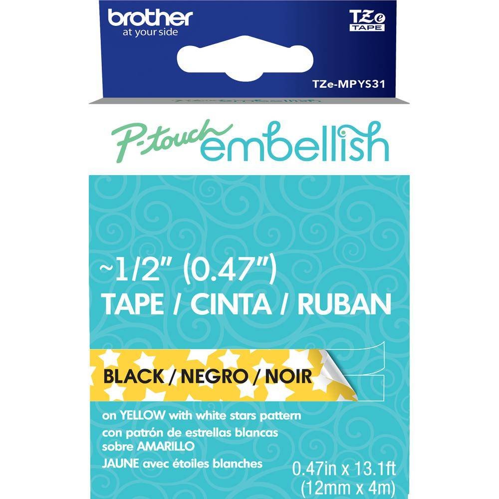Brother P-Touch Embellish Black Print Pattern Tape Yellow With White Stars (MPYS31) Brother P-Touch Embellish Black Print Pattern Tape Yellow With White Stars (MPYS31)