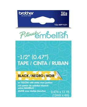 Brother P-Touch Embellish Black Print Pattern Tape Yellow With White Stars (MPYS31) Brother P-Touch Embellish Black Print Pattern Tape Yellow With White Stars (MPYS31)
