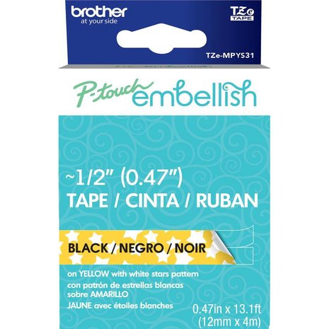 Brother P-Touch Embellish Black Print Pattern Tape Yellow With White Stars (MPYS31) Brother P-Touch Embellish Black Print Pattern Tape Yellow With White Stars (MPYS31)