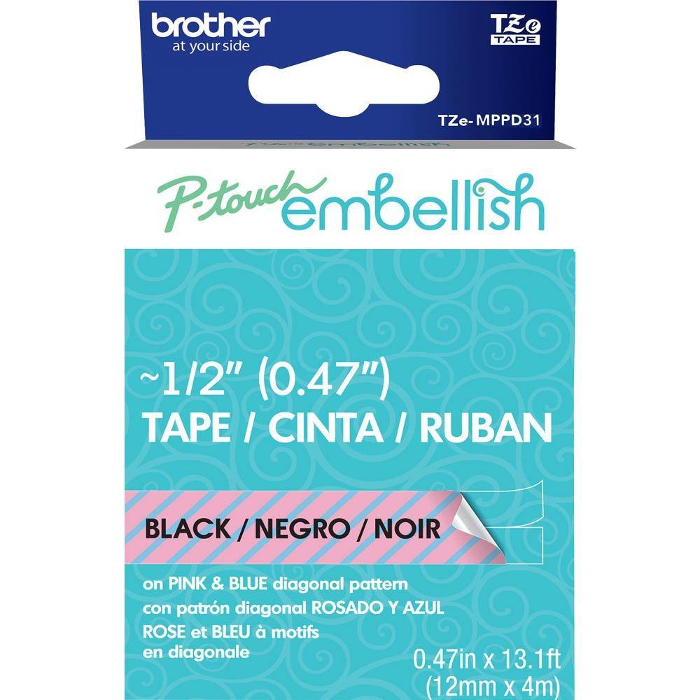 Brother P-Touch Embellish Black Print Pattern Tape Pink & Blue Diagonal (MPPD31) Brother P-Touch Embellish Black Print Pattern Tape Pink & Blue Diagonal (MPPD31)