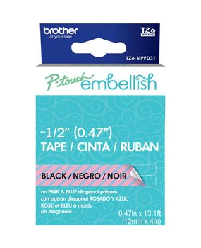Brother P-Touch Embellish Black Print Pattern Tape Pink & Blue Diagonal (MPPD31) Brother P-Touch Embellish Black Print Pattern Tape Pink & Blue Diagonal (MPPD31)