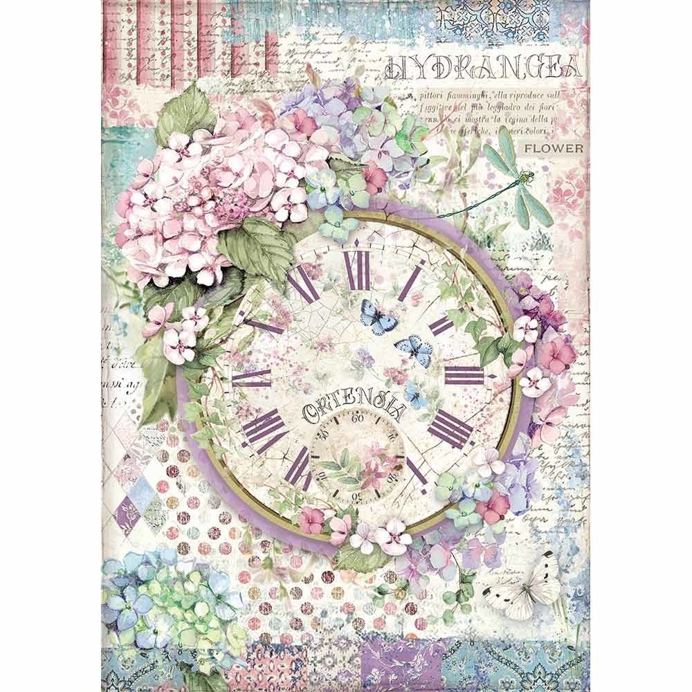 Stamperia Rice Paper A4 Hortensia Clock (DFSA4468)