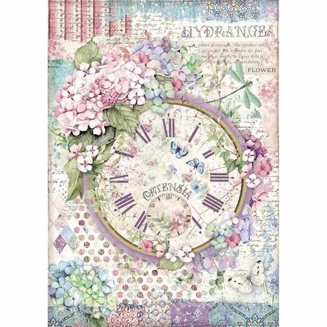 Stamperia Rice Paper A4 Hortensia Clock (DFSA4468)