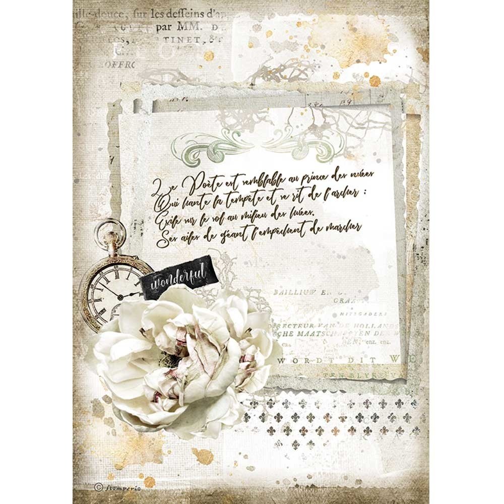 Stamperia Romantic Journal Rice Paper A4 Manuscript and Clock (DFSA4557) Stamperia Romantic Journal Rice Paper A4 Manuscript and Clock (DFSA4557)
