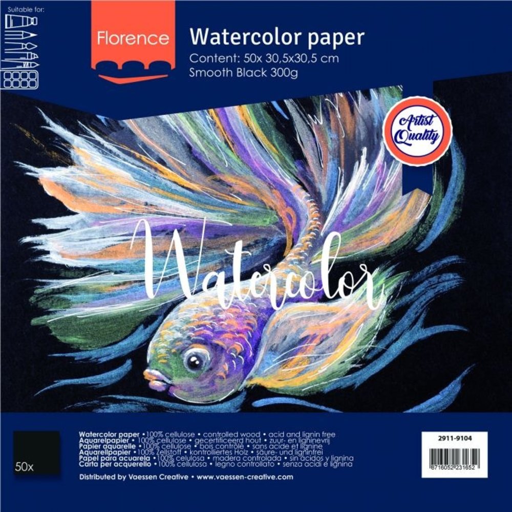 Vaessen Creative Florance Smooth Aquarelpapier Zwart 12x12 Inch 50pcs (2911-9104)