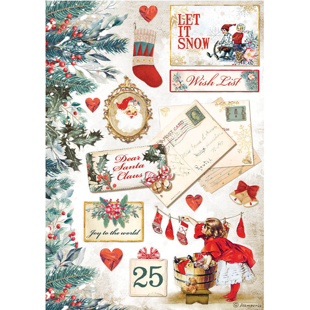 Stamperia Romantic Christmas Let it Snow Cards Rice Paper A4 (DFSA4614)