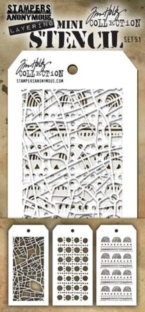 Stampers Anonymous Tim Holtz Mini Layering Stencil Set 51 (THMST051) Stampers Anonymous Tim Holtz Mini Layering Stencil Set 51 (THMST051)