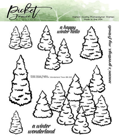 Picket Fence Studios Scene Building Winter Wonderland Trees 4x4 Inch Clear Stamps (BB-200)