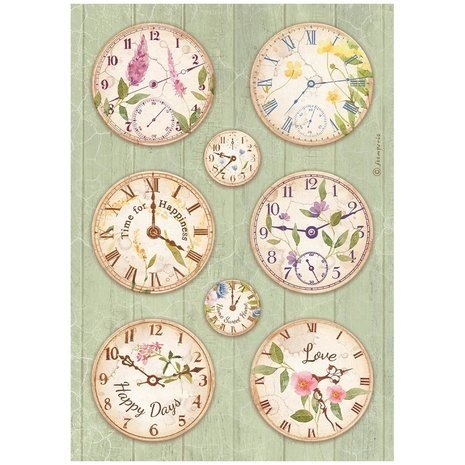 Stamperia Create Happiness Welcome Home Clocks Rice Paper A4 (DFSA4743)