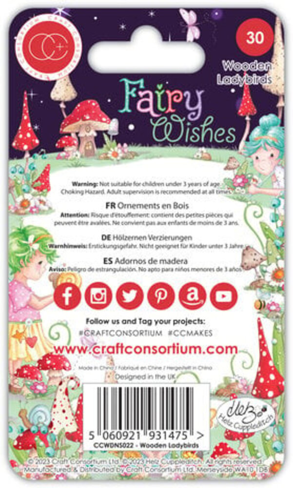Craft Consortium Fairy Wishes Adhesive Wooden Ladybirds (CCWDNS022)