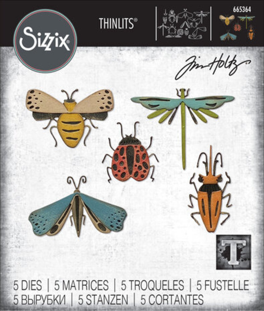 Sizzix 665364 Thinlits Set Di 5 Fustelle Insetti Funky Di Tim Holtz, Per Taglio Carta E Lamina, Compatibile Con Big Shot, Multicolore