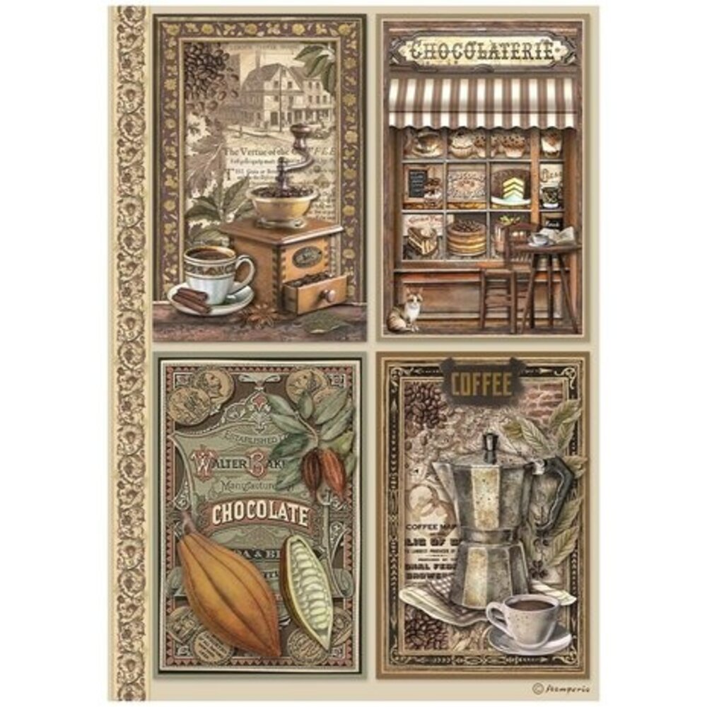 Stamperia Coffee and Chocolate 4 Cards Rice Paper A4 (DFSA4821) Stamperia Coffee and Chocolate 4 Cards Rice Paper A4 (DFSA4821)