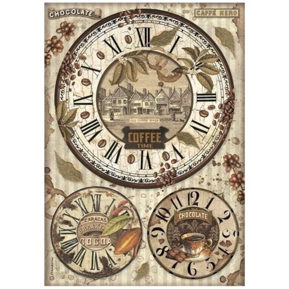 Stamperia Coffee and Chocolate Clocks Rice Paper A4 (DFSA4823) Stamperia Coffee and Chocolate Clocks Rice Paper A4 (DFSA4823)