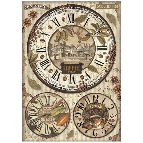 Stamperia Coffee and Chocolate Clocks Rice Paper A4 (DFSA4823) Stamperia Coffee and Chocolate Clocks Rice Paper A4 (DFSA4823)