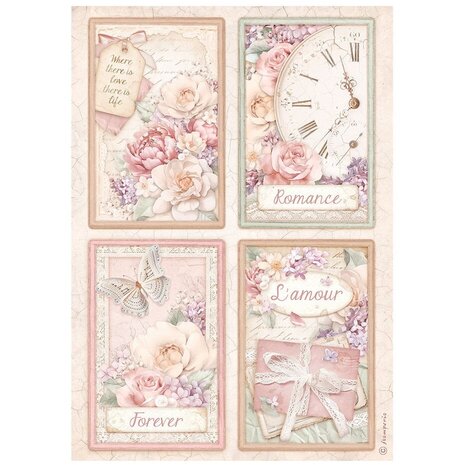 Stamperia Romance Forever 4 Cards Rice Paper A4 (DFSA4833) Stamperia Romance Forever 4 Cards Rice Paper A4 (DFSA4833)