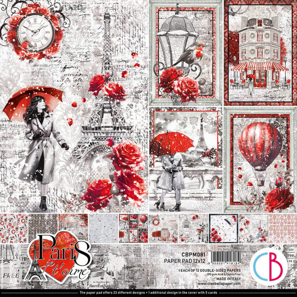 Ciao Bella Papercrafting Paris Je t'aime 12x12 Inch Paper Pad (CBPM081)