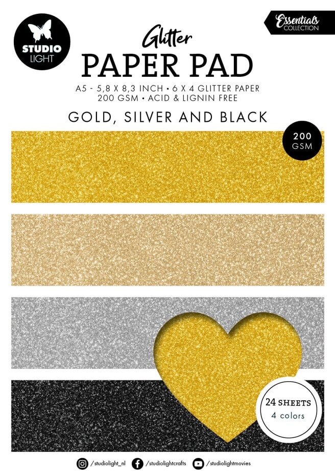 Studio Light Essentials Gold, Silver And Black A5 Glitter Paper Pad (S ...