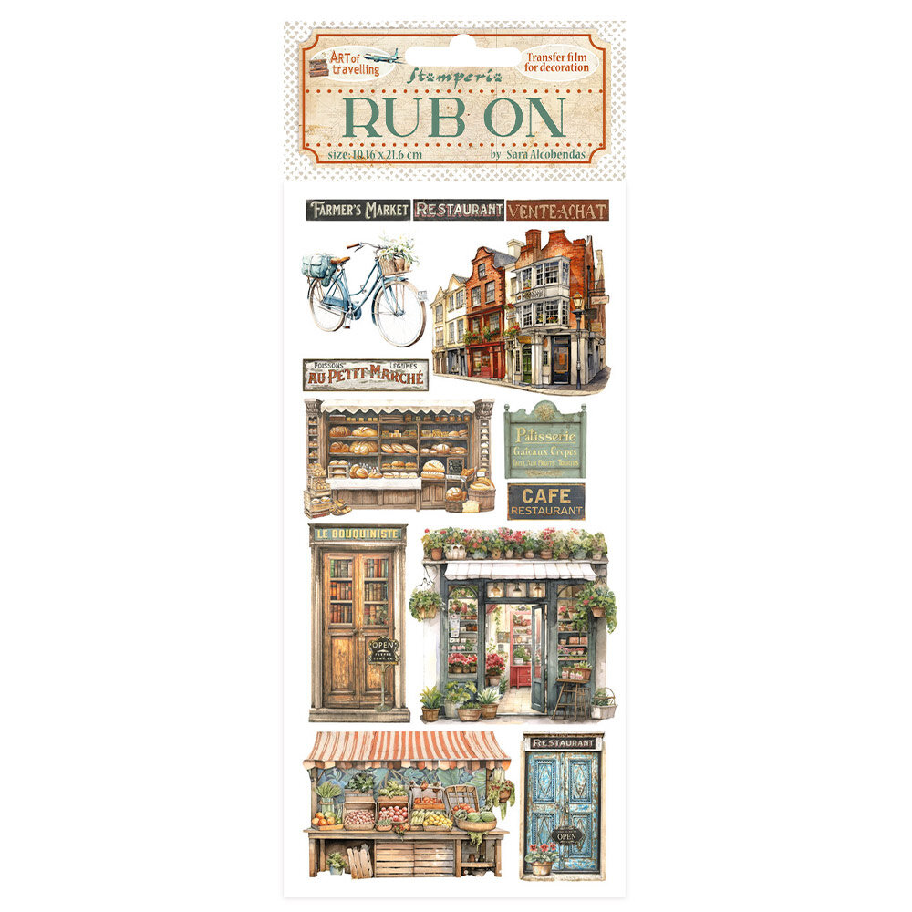 Stamperia Art of Travelling Rub-On 4x8,5 Inch Shops (DFLRB133)