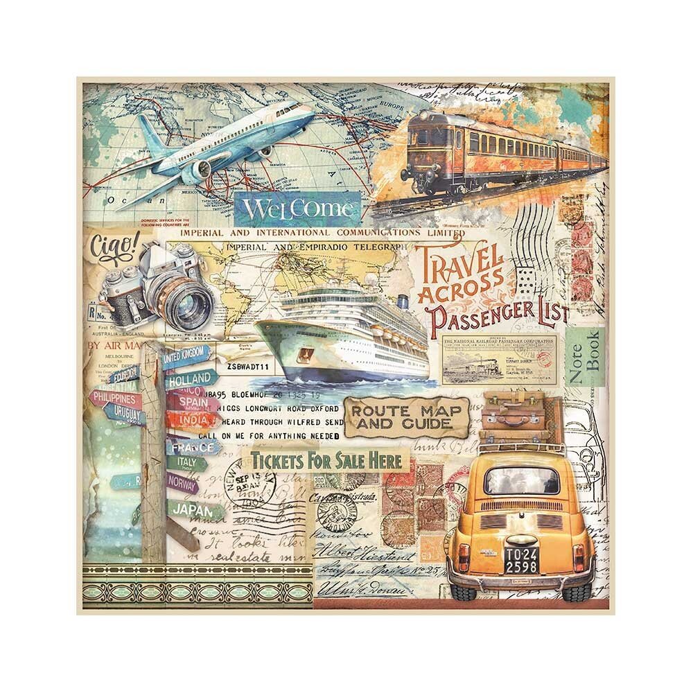 Stamperia Art of Travelling 12x12 Inch Fabric Sheet (SBPLT40) Stamperia Art of Travelling 12x12 Inch Fabric Sheet (SBPLT40)