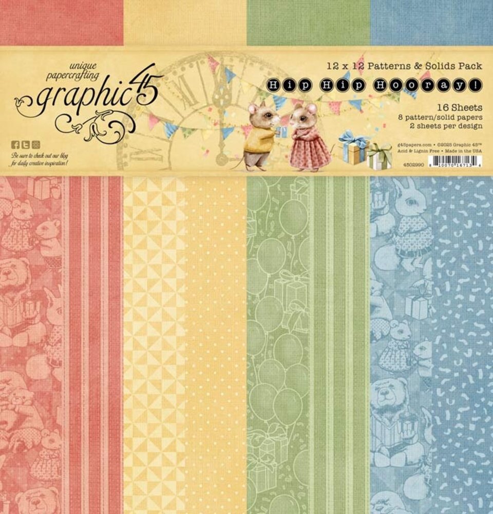 Graphic 45 Hip Hip Hooray 12x12 Inch Patterns & Solids Paper Pack (4502990) Graphic 45 Hip Hip Hooray 12x12 Inch Patterns & Solids Paper Pack (4502990)