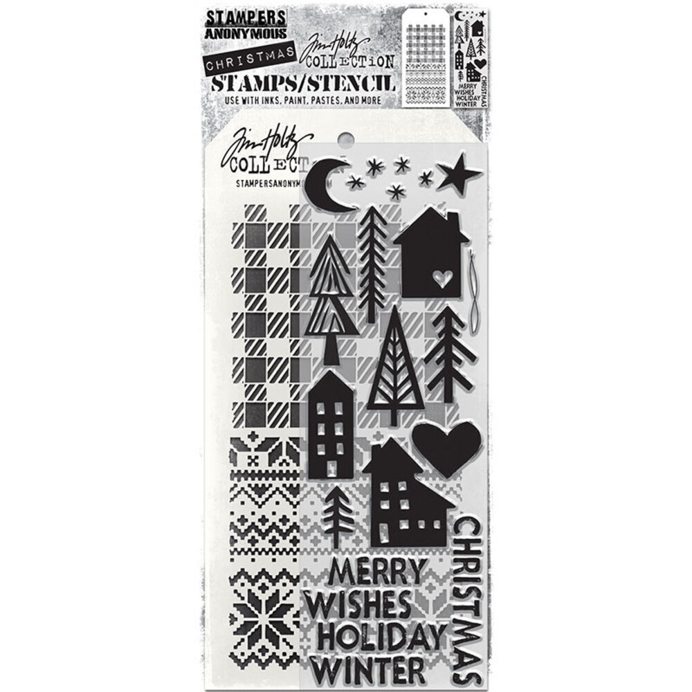Stampers Anonymous Tim Holtz Clear Stamp and Stencil Festive Print (THMM187) Stampers Anonymous Tim Holtz Clear Stamp and Stencil Festive Print (THMM187)
