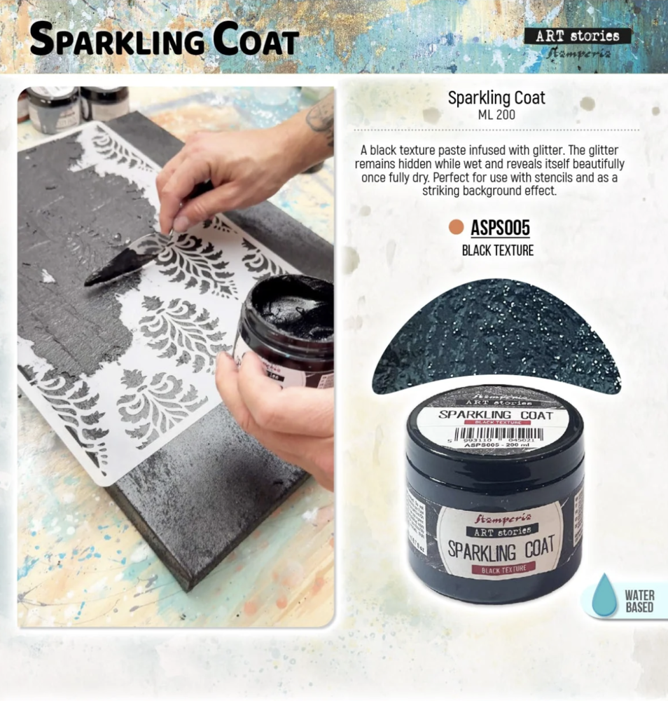 Stamperia Art Stories Texture Paste Sparkling Coat Black 200ml (ASPS005) Stamperia Art Stories Texture Paste Sparkling Coat Black 200ml (ASPS005)