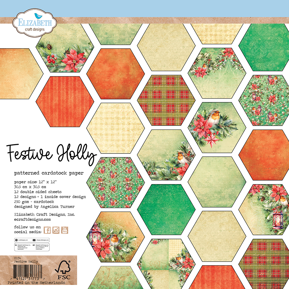 Elizabeth Craft Designs Festive Holly 12x12 Inch Cardstock Paper (C034)