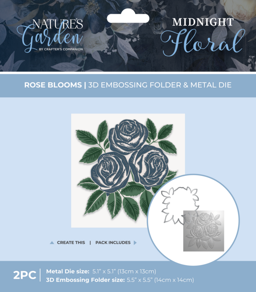 Crafter's Companion Midnight Floral 3D Embossing Folder & Metal Die Rose Blooms (NG-MF-3DEF5.5-MD-RBLO)
