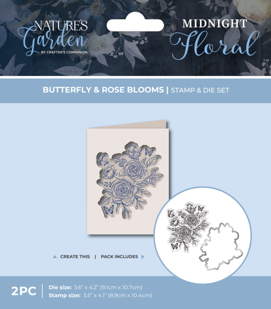 Crafter's Companion Midnight Floral Stamp & Die Butterfly & Rose Blooms (NG-MF-STD-BUTRB)