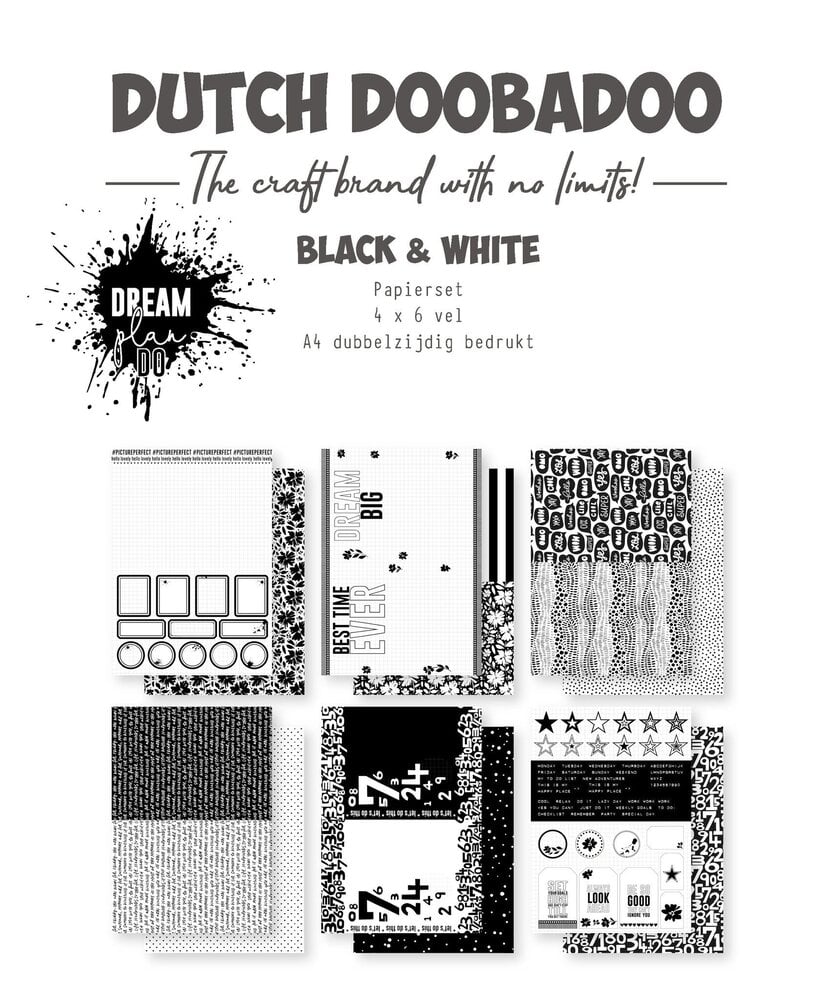 Dutch Doobadoo Paper Set A4 Black & White Dream Plan Do (4x6pcs) (473.005.042) (OUTLET)