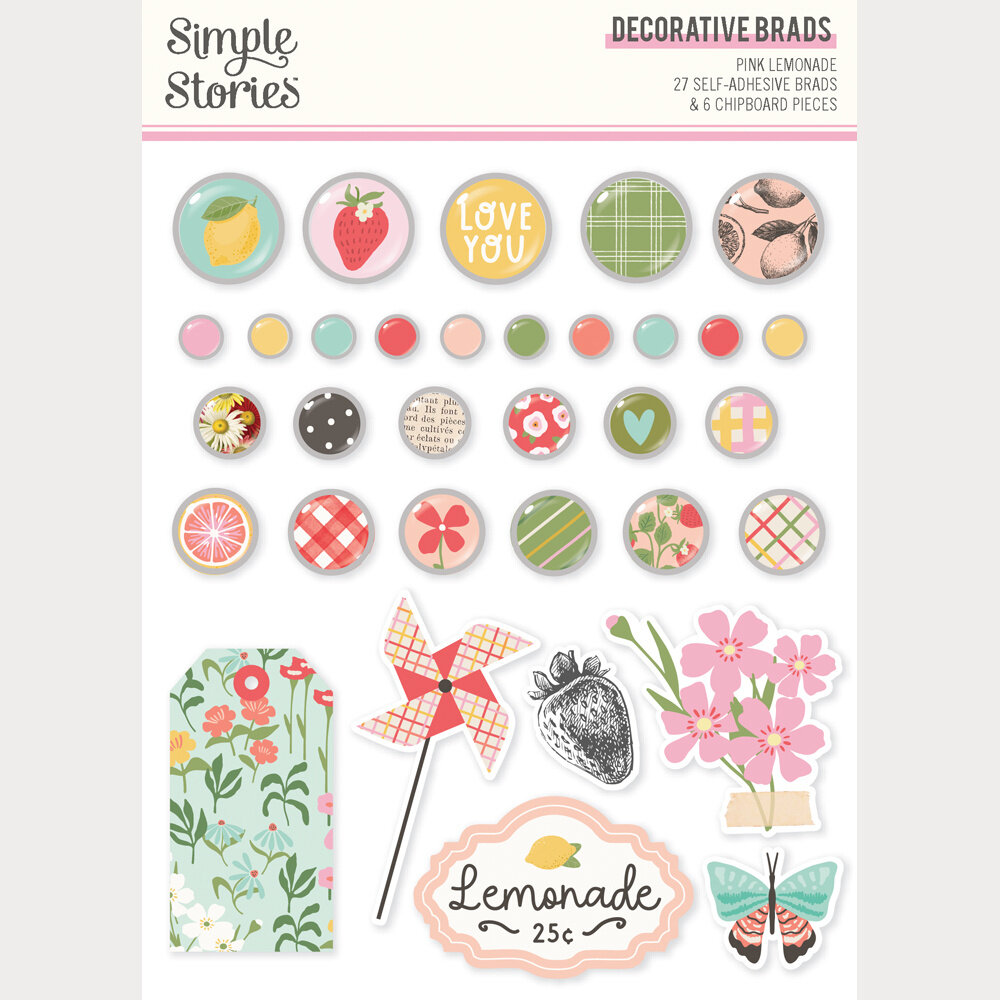 Simple Stories PRE-ORDER Pink Lemonade Decorative Brads (26323)
