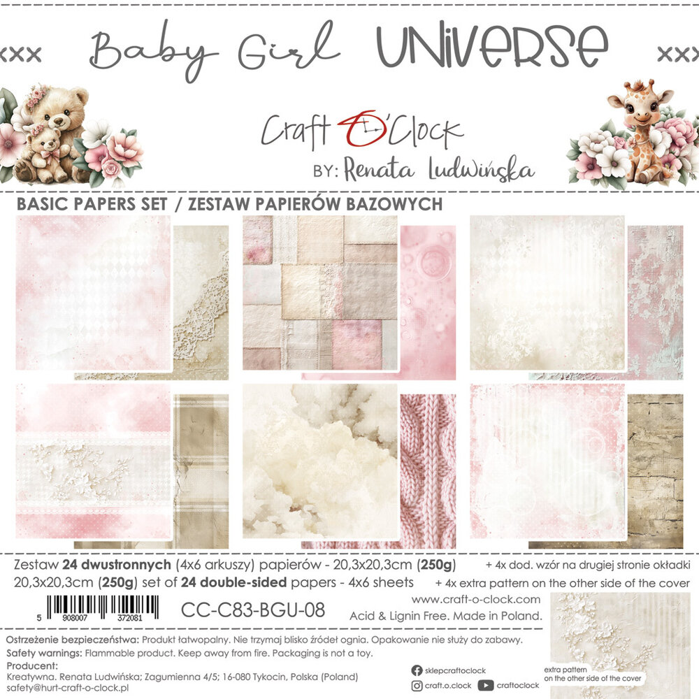 Craft O'Clock Baby Girl Universe 8x8 Inch Basic Papers Set (CC-C83-BGU-08)