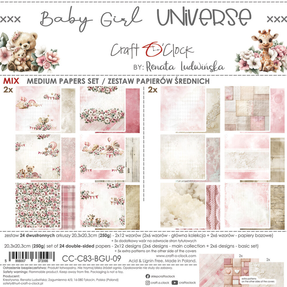 Craft O'Clock Baby Girl Universe 8x8 Inch Medium Papers Set (CC-C83-BGU-09)