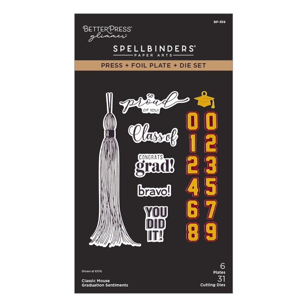 Spellbinders PRE-ORDER Say Cheese Classic Mouse Graduation Sentiments Press Plate & Die Set (BP-358)