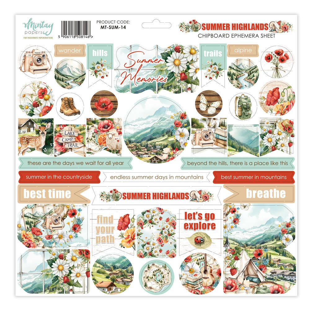 Mintay PRE-ORDER Summer Highlands 12x12 Inch Chipboard Ephemera Sheet (MT-SUM-14)