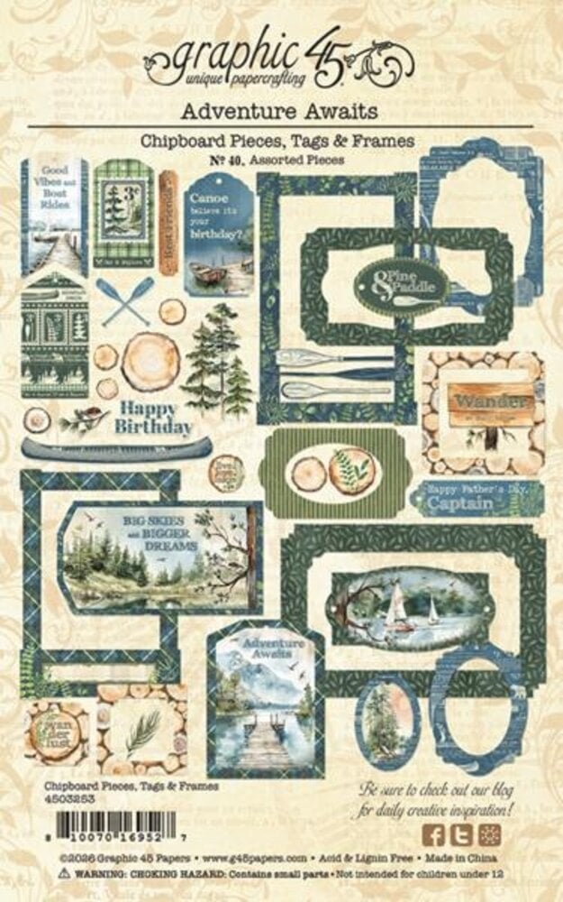 Graphic 45 PRE-ORDER Adventure Awaits Chipboard Pieces, Tags & Frames (4503253)