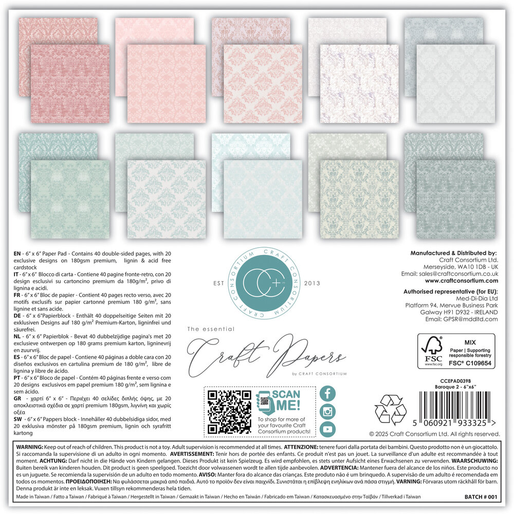 Craft Consortium PRE-ORDER Essential Craft Papers 6x6 Inch Paper Pad Baroque 2 (CCEPAD039B)
