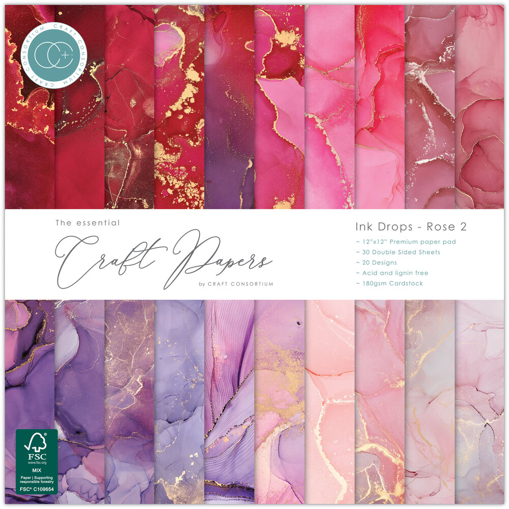 Craft Consortium PRE-ORDER Essential Craft Papers 12x12 Inch Paper Pad Ink Drops Rose 2 (CCEPAD040)