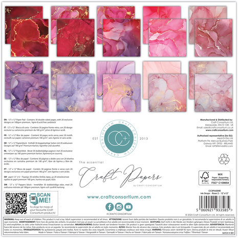 Craft Consortium PRE-ORDER Essential Craft Papers 12x12 Inch Paper Pad Ink Drops Rose 2 (CCEPAD040)