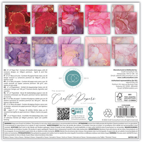Craft Consortium PRE-ORDER Essential Craft Papers 6x6 Inch Paper Pad Ink Drops Rose 2 (CCEPAD040B)