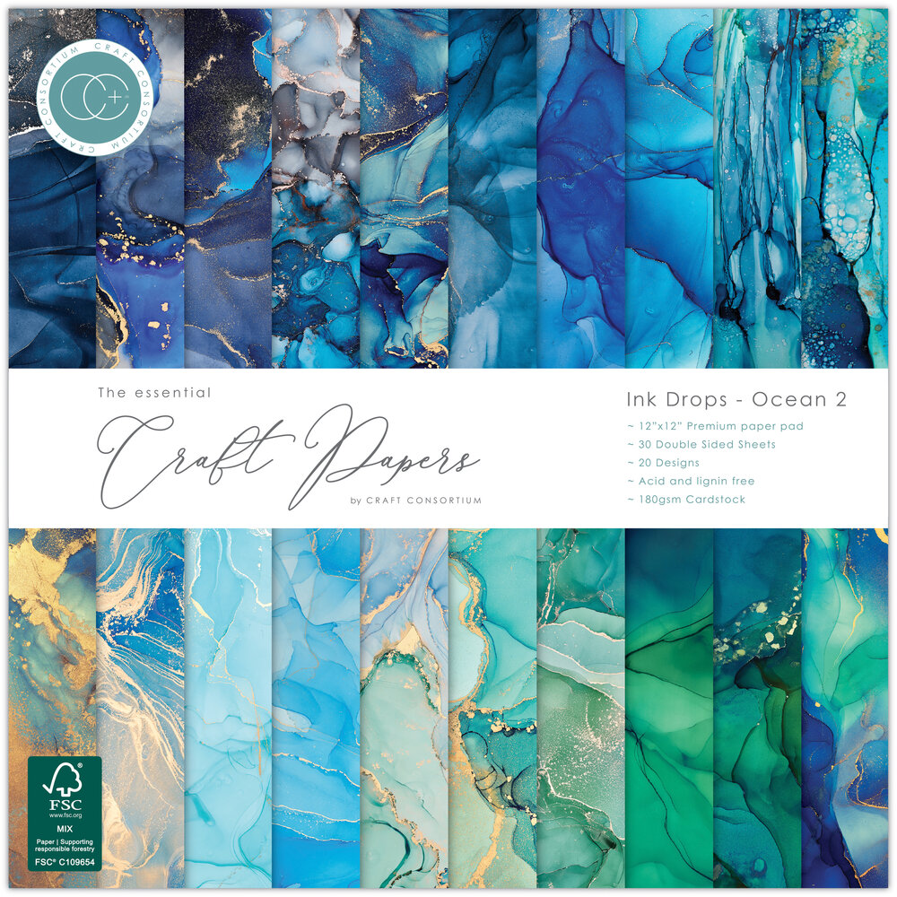 Craft Consortium PRE-ORDER Essential Craft Papers 12x12 Inch Paper Pad Ink Drops Ocean 2 (CCEPAD041)