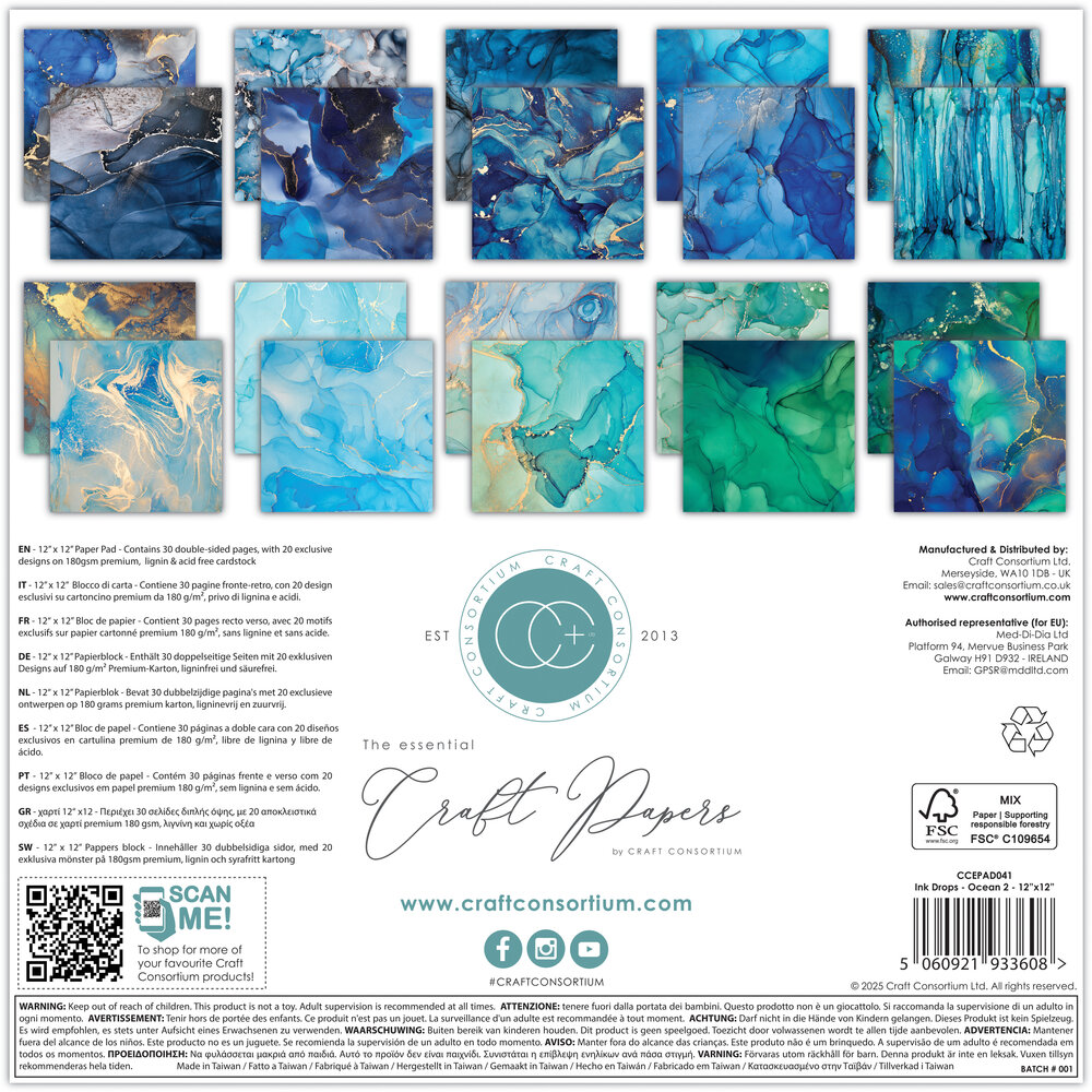 Craft Consortium PRE-ORDER Essential Craft Papers 12x12 Inch Paper Pad Ink Drops Ocean 2 (CCEPAD041)