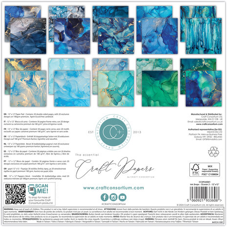 Craft Consortium PRE-ORDER Essential Craft Papers 12x12 Inch Paper Pad Ink Drops Ocean 2 (CCEPAD041)